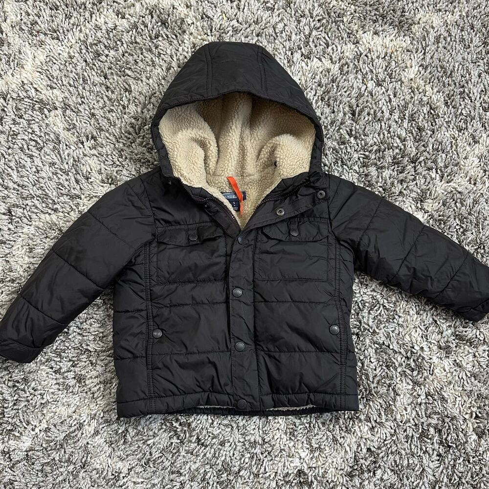 Lands End Black Parka Sherpa Lined Hooded Winter Coat Jacket Boys 4 Small S 4T